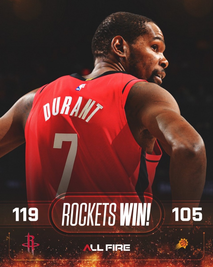 7连胜以7号为封面！火箭官方赢球海报封面人物——杜兰特